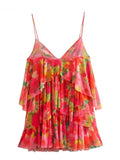 Women Sexy V Neck Tropical Floral Print Pleat Ruffles Sling Mini Dress Female Chic Backless Summer Mesh