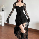 Fairycore Lace Flare Sleeve Square Neck A-line Dress Sweet E-girl Irregular Long Hem Dresses Cyber Y2K Party Vestido