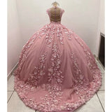 Pbong  Pink 3D Flowers Quinceanera Dresses Luxury Pearls Beading Appliques Birthday Party Princess