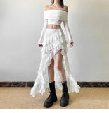 Elegant Tulle Ruffle Skirt Women Boho Lace Vintage White Irregular Skirt Korean Style Summer Layered Mid Skirts Street