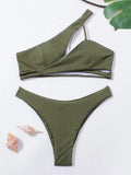 Rib One Shoulder Bikini Set Thong Swimsuit Women Solid Padded Swimwear Female Sexy Bathing Suit Swimming Summer Beachwear