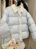 Blue Floral Patchwork Parkas Women Korean Sweet Winter Warm Puffy Coat Casual Long Sleeve Loose Preppy Style Cotton Jacket