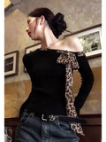 Pbong  Off shoulder Tops Y2k Bow Tied Long sleeve Leopard T Shirt Women Sexy Tight Basic Crop Top Lady Casual Black Tees Korean
