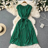 Pbong  Women Dress Y2K Sleeveless Polka Dot Print Pleated Dress with Belt Summer Fashion Lady Streetwear Outfits Vestidos