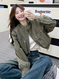 Streetwear Y2K Cropped Cargo Jacket Women Vintage Loose Pockets Harajuku Short Coat American Casual Fall O Neck Long Sleeve Tops
