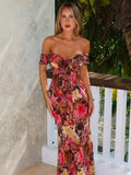 Spaghetti Strap Floral Print Sexy Maxi Dress Women Gown Fashion Off-shoulder Strapless Sleeveless Printed Long Dress