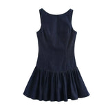 Sleeveless A-line Pleat Denim Short Dress New Navy Blue O Neack Zipper Fashion Summer Dress Streetwear Woman Clothing