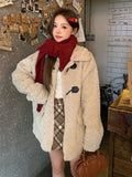 Zoki Retro Sweet Faux Lamb Coat Women Loose Preppy Style Sweet Long Sleeve Warm Jacket Korean Vintage Casual Pockets Winter Tops