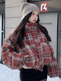 Winter Vintage Warm Plaid Parkas Women Thick Loose Long Sleeve Cute Cotton Coat Casual American Retro Stand Collar Y2K Tops