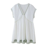 Boho Casual V-neck Short Dress 2025 New Plant Embroidery Loose Fashion Women Dress Vacation Beach Summer Female Clothing