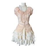 Japanese Lolita Kawaii 2000s 2 Piece Skirt Sets Sweet Lace Short Sleeve Blouse + Slim Cake Mini Skirt Y2k Harajuku Vintage Suits