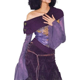 Off Shoulder Flare Sleeve Asymmetrical Tops Purple Print Mesh Shirts Graphic Tee Y2k Fall Clothes Women