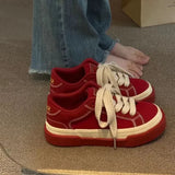 Pbong  Women Vintage Red Canvas Low-top jogging Sneakers Casual Letter Embroidery Skateboard Shoes Students Flat outdoor trainers