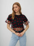 New Heart Print Mesh Splicing Color T-shirt For Women Y2k Cotton Short Sleeve Tee Top Rpund Neck Fashion Tshirt 2025 Summer