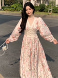 Autumn Women Floral Casual Beach Evening Party Long Dresses V Neck Vintage A-line Dress Korean Fashion Sweet Vestidos Mujer New