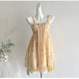 Pbong   Yellow Stretch Floral Sleeveless Dress for Women Summer Beach Sexy Spaghetti Strap Pleated Mini Dresses Vestidos Mujer New