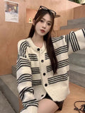 Women Cardigan Sweater Striped Crew Neck Button-up Sweater Jacket Comfy Cozy Slouchy Cardi Autumn Winter French Chic Outfit