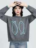 O Neck Vintage Print Sweaters Women Preppy Style Japan Lazy Wind Knitted Jumper Loose Long Sleeve Retro Sweet Cute Pullover
