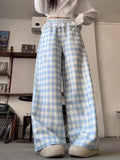 Pbong  Sweet Blue Plaid Pants Women Lace Patchwork High Waist Trousers Korean Fashion Loose Female Spring Elegant Wide Leg Pants