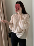 Pbong  Pink Blouse for Women Slash Neck Loose Pleated Shirts All Match Fashion Sweet Vintage Blouses Autumn Tops