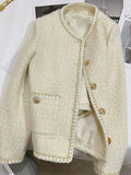 French Sweet Tweed Jacket Women O Neck Elegant Slim Long Sleeve Coat Vintage Casual Single Breasted Female Fall Winter Tops
