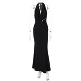 Halter Deep V Neck Sexy Maxi Dress For Women Gown Black Lace Off-shoulder Backless Sleeveless Bodycon Long Dress