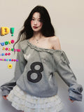 Y2K Streetwear Gray Sweatshirts Women Off Shoulder Loose Letter Pullovers Harajuku Retro Female Casual American Tops New
