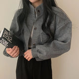 Pbong  Autumn Winter Loose Woolen Coat Women Large Size with Pockets Small Stand Collar Long Sleeve Button Hong Style Women's Clothing