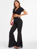 2025 Women's Gothic Black Pants Vintage Flower Lace Insert Skirted Flare Pants Retro Pants