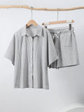 Pbong  Casual Striped Lace Up Shorts Suits  Women Lapel Half Sleeve Single Breasted Blouse Wide Leg Shorts Summer Autumn Lady New