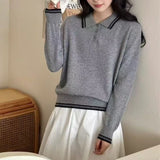 Polo Sweater for Women Long Sleeve Collared Half Zip Pullover Polo-Neck Knitted Jumper Fall Winter Teen-girl Preppy Style Outfit