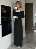 Fashion Fake Two Piece Shoulder Off Long Dress Modal Soft Vintage Slash Neck Slim Women Dress 2025 New Winter Fall Female Cloth