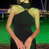 Maemukilabe Stylish Ring Design Halter Tops Women Fashion Shirt Vest Sexy Bare Shoulder Crop Tops Ladies Slim Fit Tank Tops