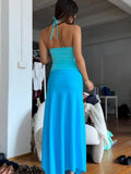 Vacation Solid Two-Piece Set Women Lace-Up Halter Backless Low-Neck Tops+Tassel Skirts Summer Simple Slim Matching Suits