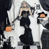 Gothic Dress Autumn New Sexy Long Dress Halloween Dark Style Elegant Mesh Strap Dress for Women