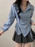 Fashion Slim Striped Shirt Women Elegant Korean Long Sleeve Blouse Casual Irregular Female Spring Sweet Chic All Match Top