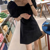 Pbong  Chic Summer Anti-Aging  Knot Square Collar Dress Women's Waist Cinching Slimming Bubble Sleeve Short Dress