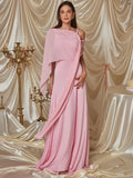 Pink Cape Sleeve Sexy Maxi Dress For Women Off-shoulder Backless Gown Elegant Skew Collar Lace-up Long Dress Vestido