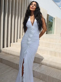 White Floral Ruched Sexy Maxi Dress For Women Gown Halter Deep V Neck Sleeveless Ruffled Bodycon Club Long Dress
