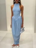 Pbong   Elegant Round Neck Draped Women Maxi Dress White Sleeveless High Waist Dress Female Summer Skinny Party Evening Dress