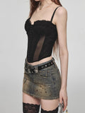 HOUZHOU Vintage Denim Mini Skirt Women Trashy Y2k 2000s Low Waist Sexy Star Rivet Distressed Slim Pencil Skirt Gyaru Streetwear