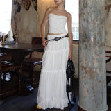Y2k White Tiered Maxi Skirt  Elastic Waist Ruffle Flowy Long Skirt Women Boho Summer Vacation Fairycore Outfit Streetwear