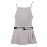 Backless Streetwear Short Dress Hotgirl Double Belt Gray Tight Women Dress Fashion Square Collar Sleeveless Pleat Dress 2025 New