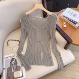 Hollow Out Knitted Cardigan Women Y2K Korean Sexy Streetwear Hole Long Sleeve Sweaters Summer Fashion Thin Irregular Female Tops