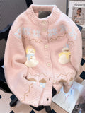 Cute Snowmen Pink Cardigan Sweater Women Vintage Sweet Print Loose Knitted Coat Japan Fall Winter Kawaii Female O Neck Tops