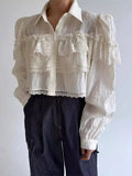 Pbong  Korean Chic Shirts Lace Patchwork Folds Solid Color Long Sleeve Crop Tops Fashion Design Loose Blouses New Women's Clothing