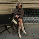 Brown Shoulder Pad Woolen Overcoat Women Elegant Lapel Single-breasted Long Sleeve Coat 2025 Autumn Lady Commuter Outerwear