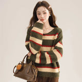 Korean Sweet Striped Sweater Women Sexy V Neck Vintage Knitted Jumper Casual Long Sleeve Female Lazy Wind Pullover Tops New