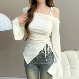 Sexy Off The Shoulder Design Korean All Match Tops Y2k Aesthetic Lrregular Side Split Drawstring Clothes Sweet Flare Sleeve Tee