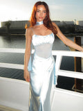 Scarf Collar Backless Sexy Maxi Dress Women Gown Light Blue Patchwork Off-shoulder Sleeveless Elegant Club Long Dress
